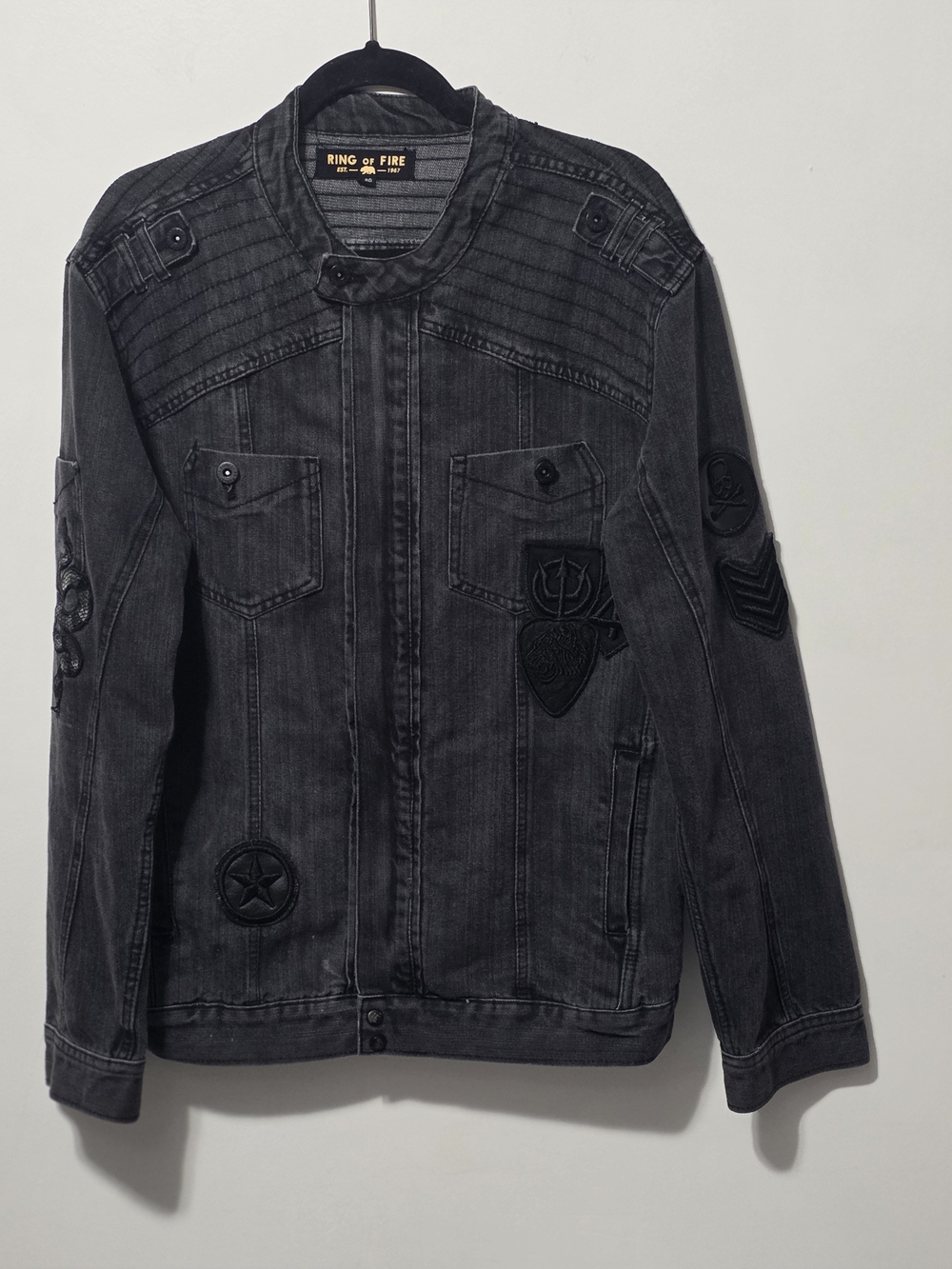 Ring of Fire Men's Black Washed Military Patch Denim Jacket